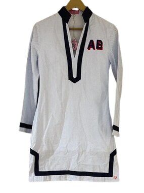 Castaway Seersucker Tunic Dress Blue White Stripe Navy Trim Preppy Coastal Shift